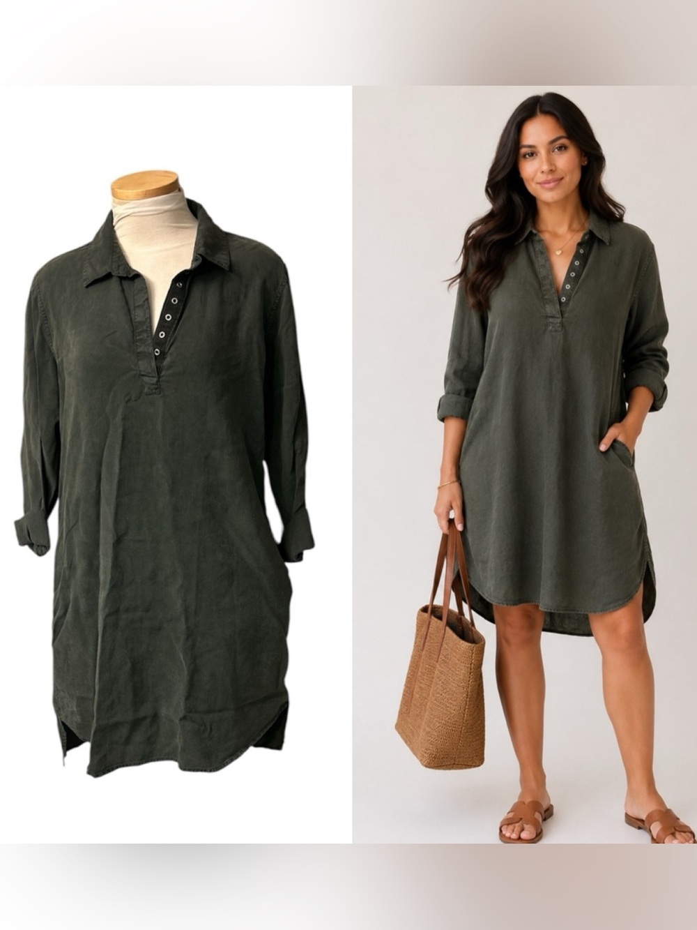 cloth & stone Olive Green Button-Up Shirt Dress Tencel  Size Small